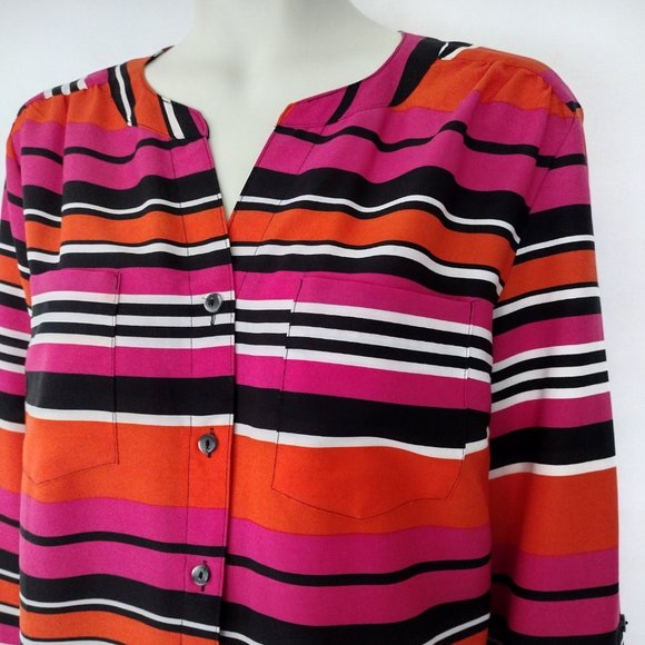 Elementz Vibrant Orange and Pink Stripe Roll Tab Sleeve Blouse - Picture 10 of 13